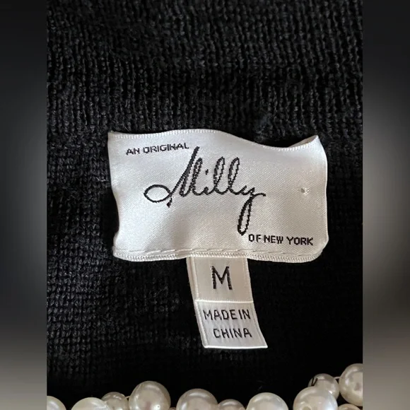 MILLY Women's Black Knit Pearl Trim Dress sz M - Picture 4 of 12